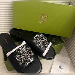 Tory Burch Everly Embellished Black Slide Sandals. BRAND NEW with box.